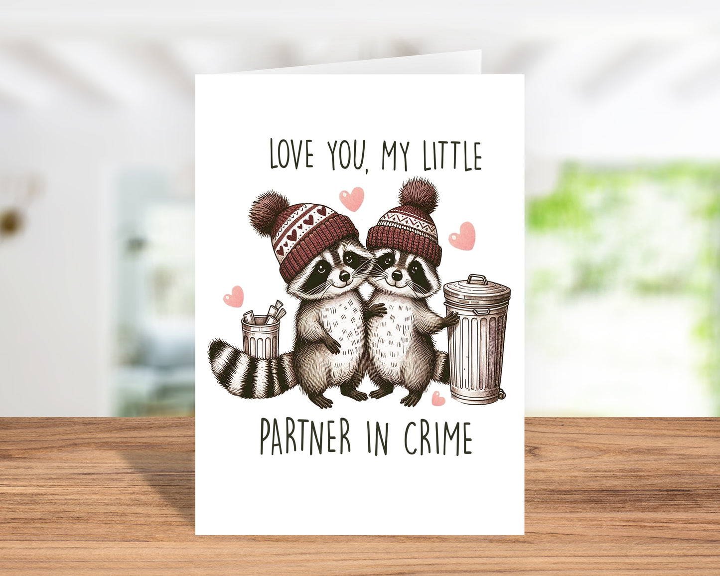 Fun "Love You, My Little Partner in Crime" Raccoon Valentine’s Day Card