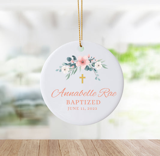 Floral With Cross Custom Baptism Ornament