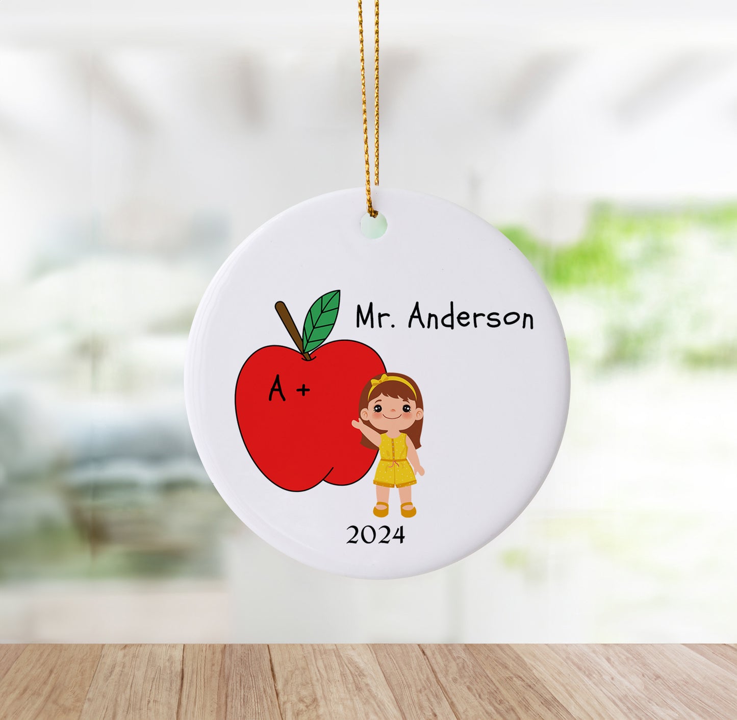 Personalized Apple Ornament with A+ for Teacher (girl)