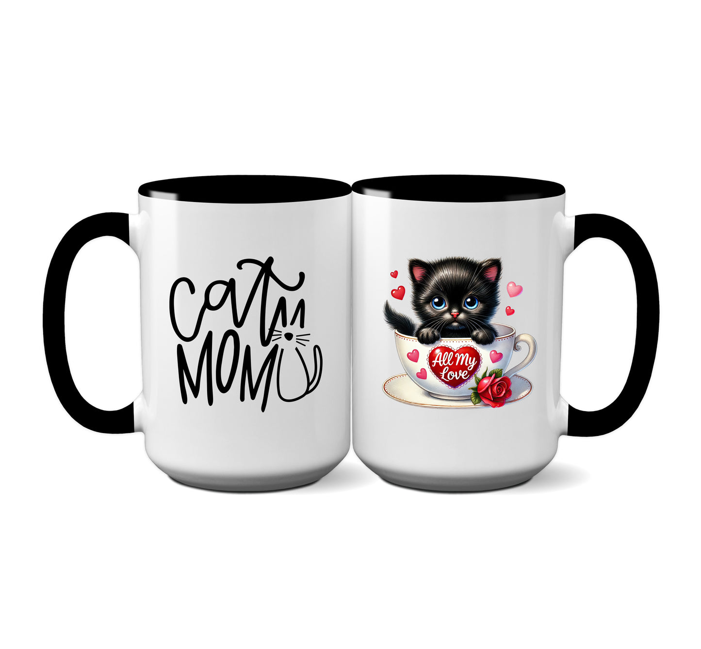 Adorable "Cat Mom" Mug with Black Kitten in Teacup