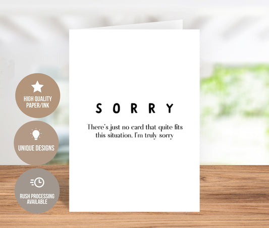 Sympathy Greeting Card
Heartfelt Apology
Express Your Remorse
Seek Forgiveness
Genuine Message
High-Quality Cardstock
Subtle Design
Blank Interior
Personalize This Card
Repair Relationships