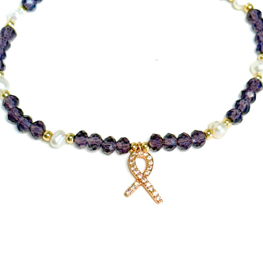 Cancer Awareness Bracelet - Pearls & Purple Crystal Beads
