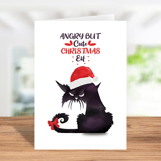 Funny "Angry But Cute Christmas Elf" Unique Holiday Greeting Card