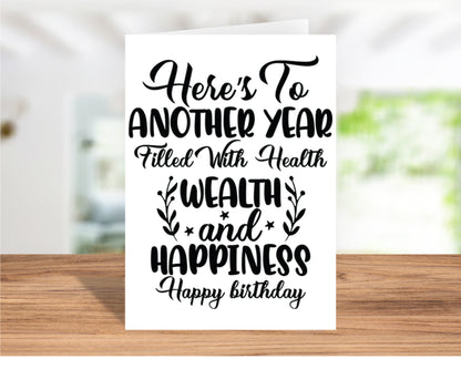 Fun "Here’s to Another Year Filled with Health, Wealth, and Happiness" Birthday Card