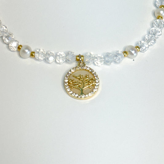 Lung Cancer Bracelet - Pearls & Clear Crystal Beads