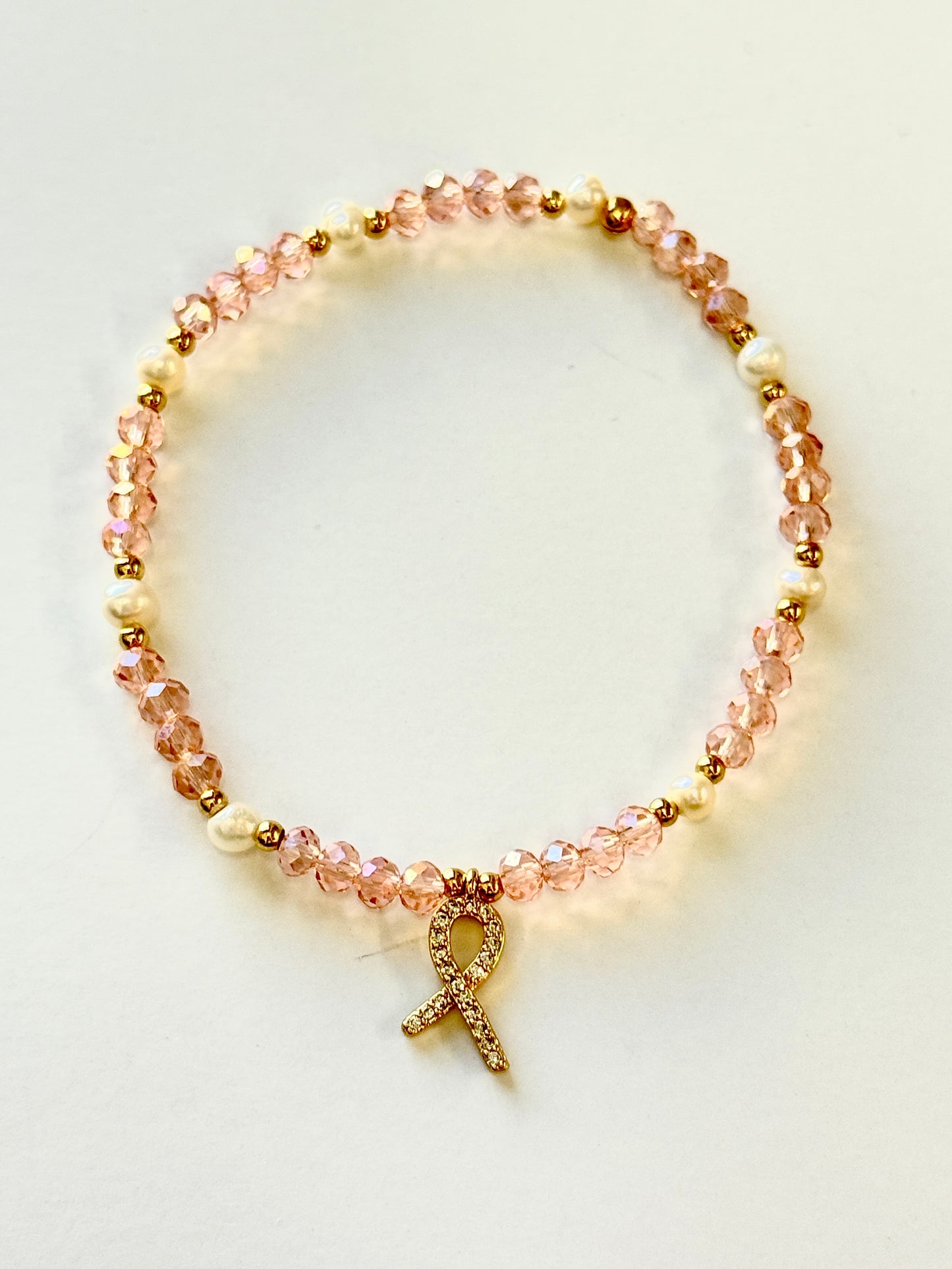 Breast Cancer Bracelet - Pearls & Pink Crystal Beads
