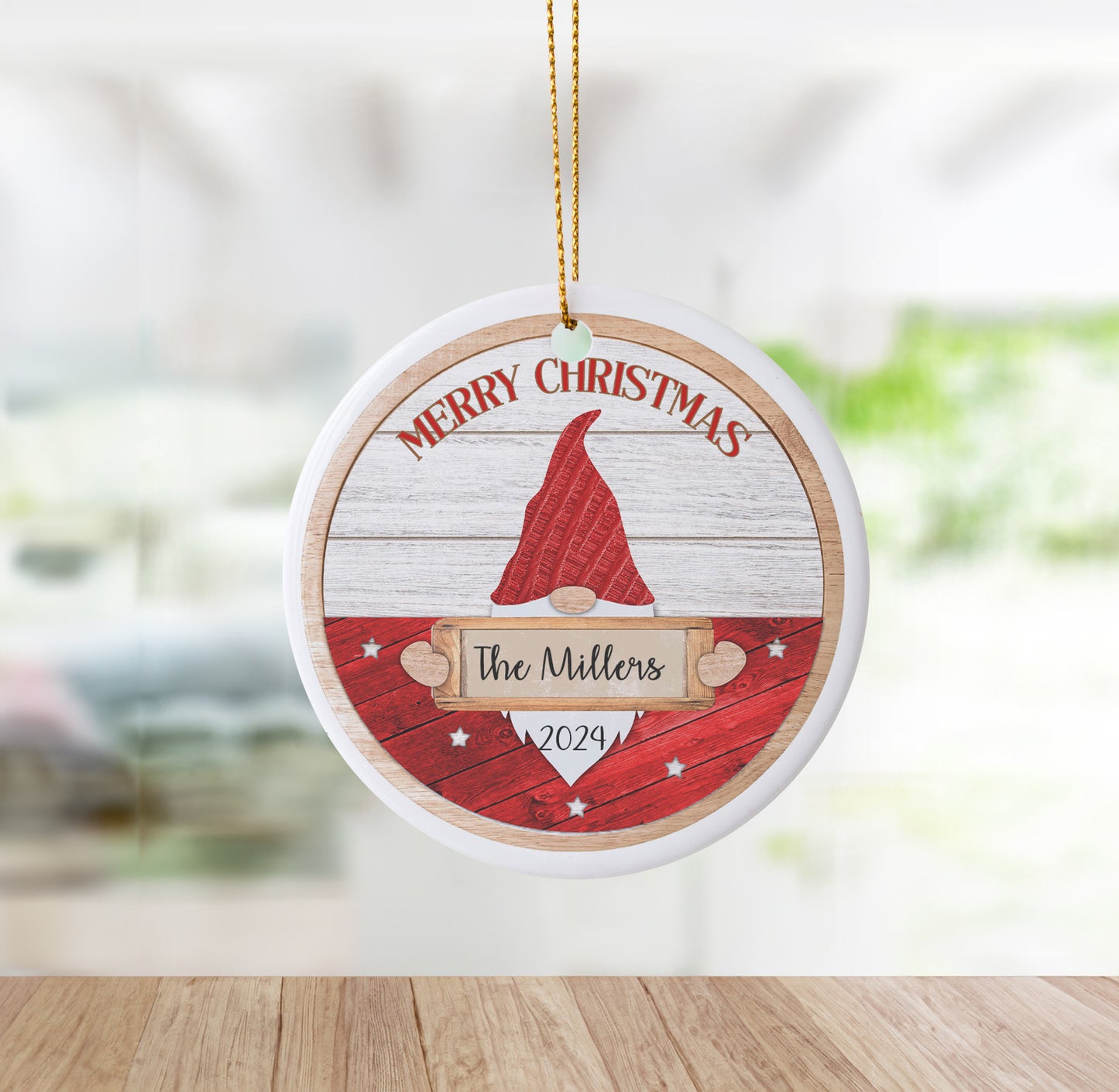 Christmas Themed Santa Hat Ornament with Customizable Family Name O079