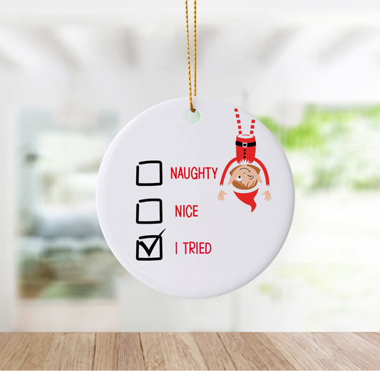 Mischievous "Naughty, Nice, I Tried" Whimsical Elf Ornament