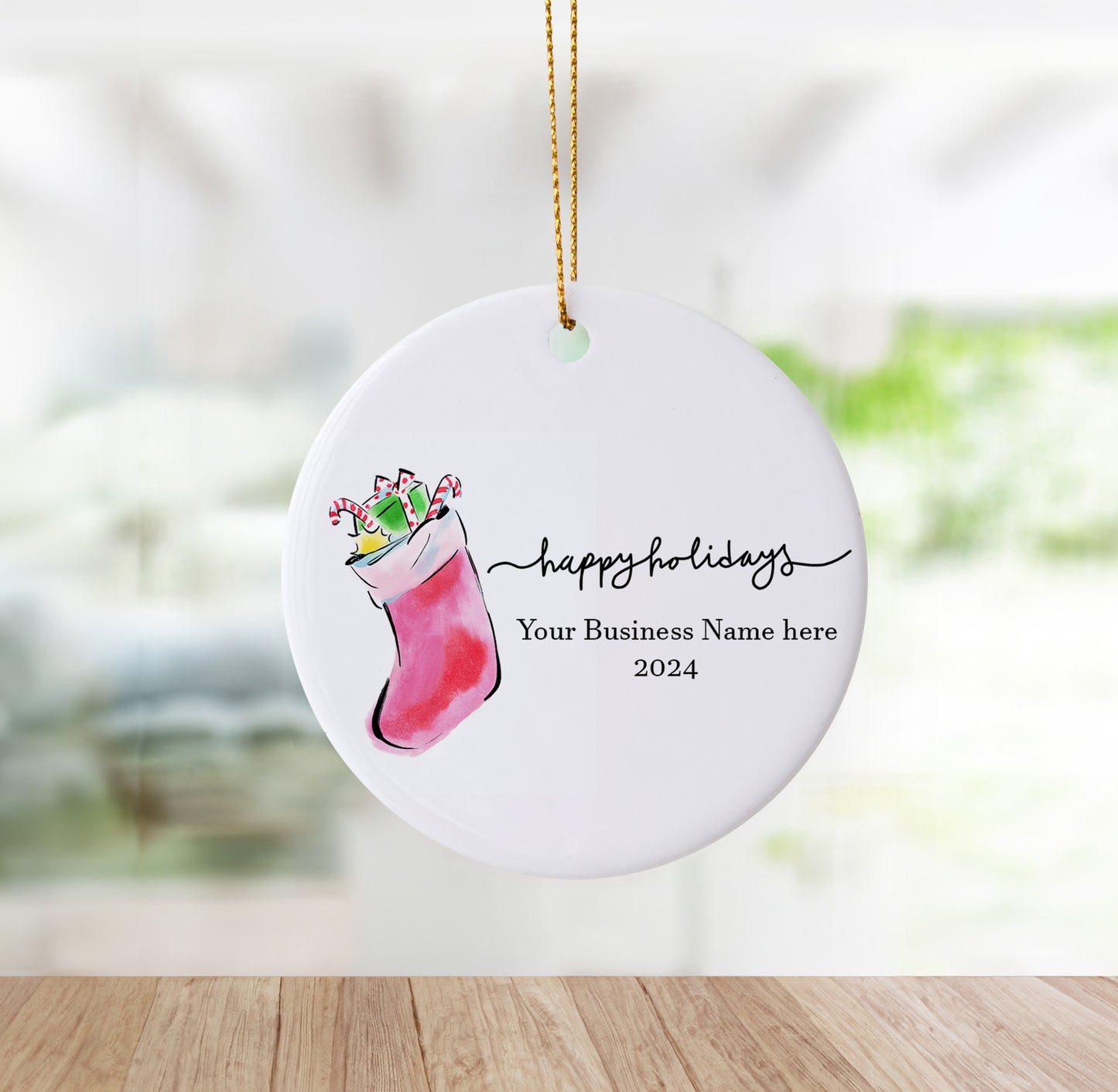 Happy Holidays with Stocking Custom Business Ornament