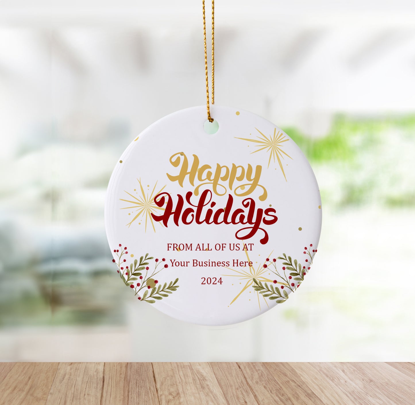 Happy Holidays Red and Gold Custom Business Ornament