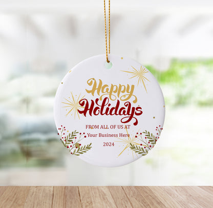 Happy Holidays Red and Gold Custom Business Ornament