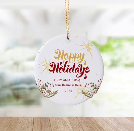 Happy Holidays Red and Gold Custom Business Ornament