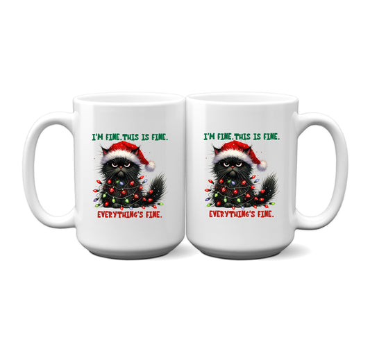 Funny "I'm Fine. This is Fine. Everything's Fine." Holiday Mug Featuring a Grumpy Black Cat