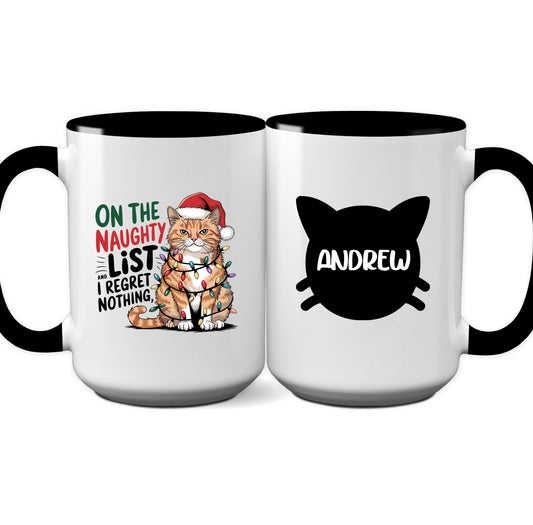 "On the Naughty List I Regret Nothing" Personalized Holiday Cat Mug