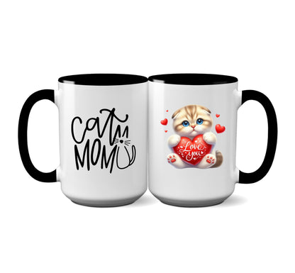 Cute "Cat Mom" Mug with Brown and White Kitten Holding Heart