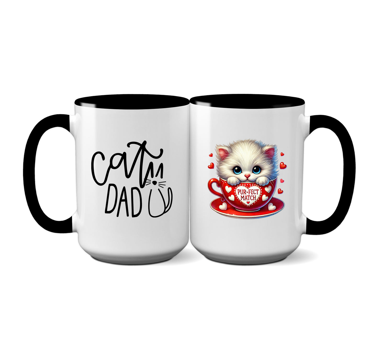 Cute "Cat Dad" Mug with White Kitten Holding Heart